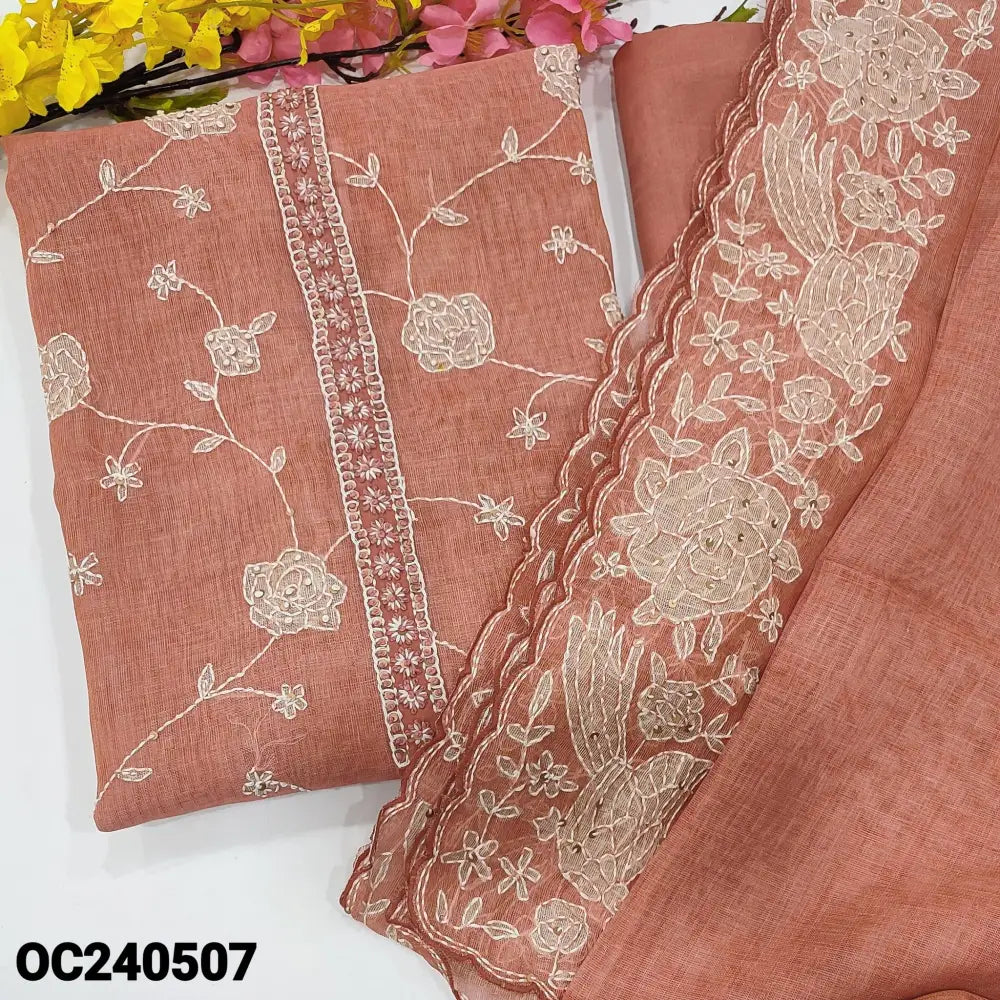 CODE OC240507: Pink with golden tint printed tissue linen unstitched salwar material rich hand work on yoke& front(thin