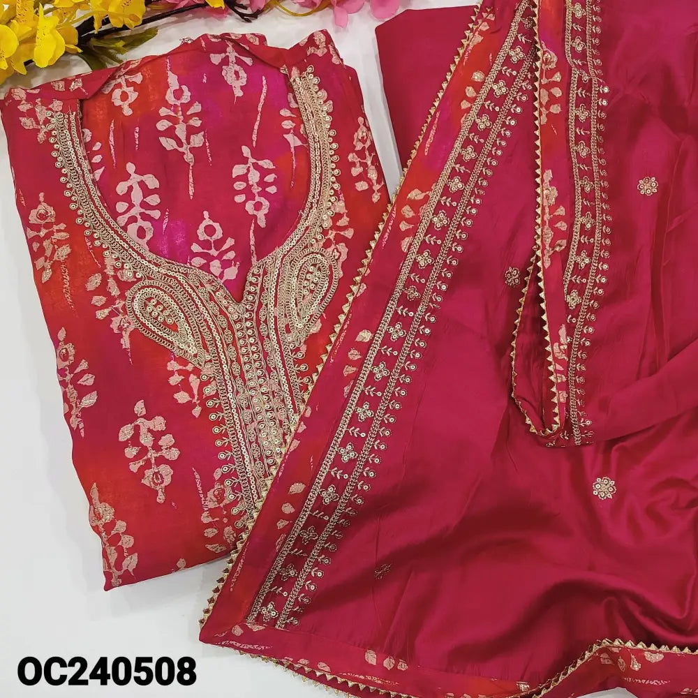 CODE OC240508: Dark pink base modal maslin unstitched salwar material rich zari& sequins work on yoke(lining