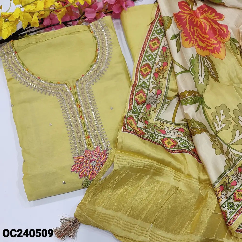 CODE OC240509: Pastel yellow designer pure dola silk unstitched salwar material zari& sequins work on yoke& front(thin