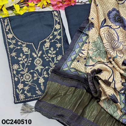 CODE OC240510: Deep blue designer russian silk unstitched salwar material rich thread zari& sequins work on yoke