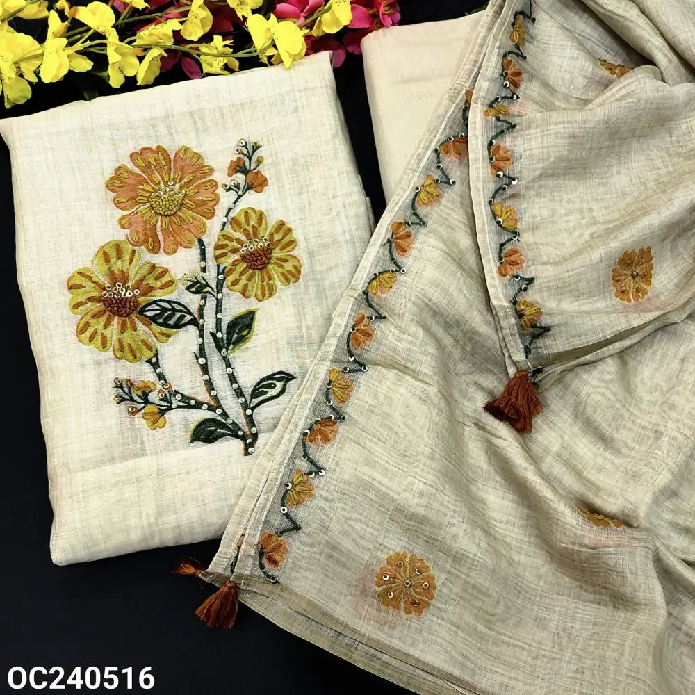 CODE OC240516: Beige jamdani woven premium soft silk cotton unstitched salwar material hand work on yoke& front(lining