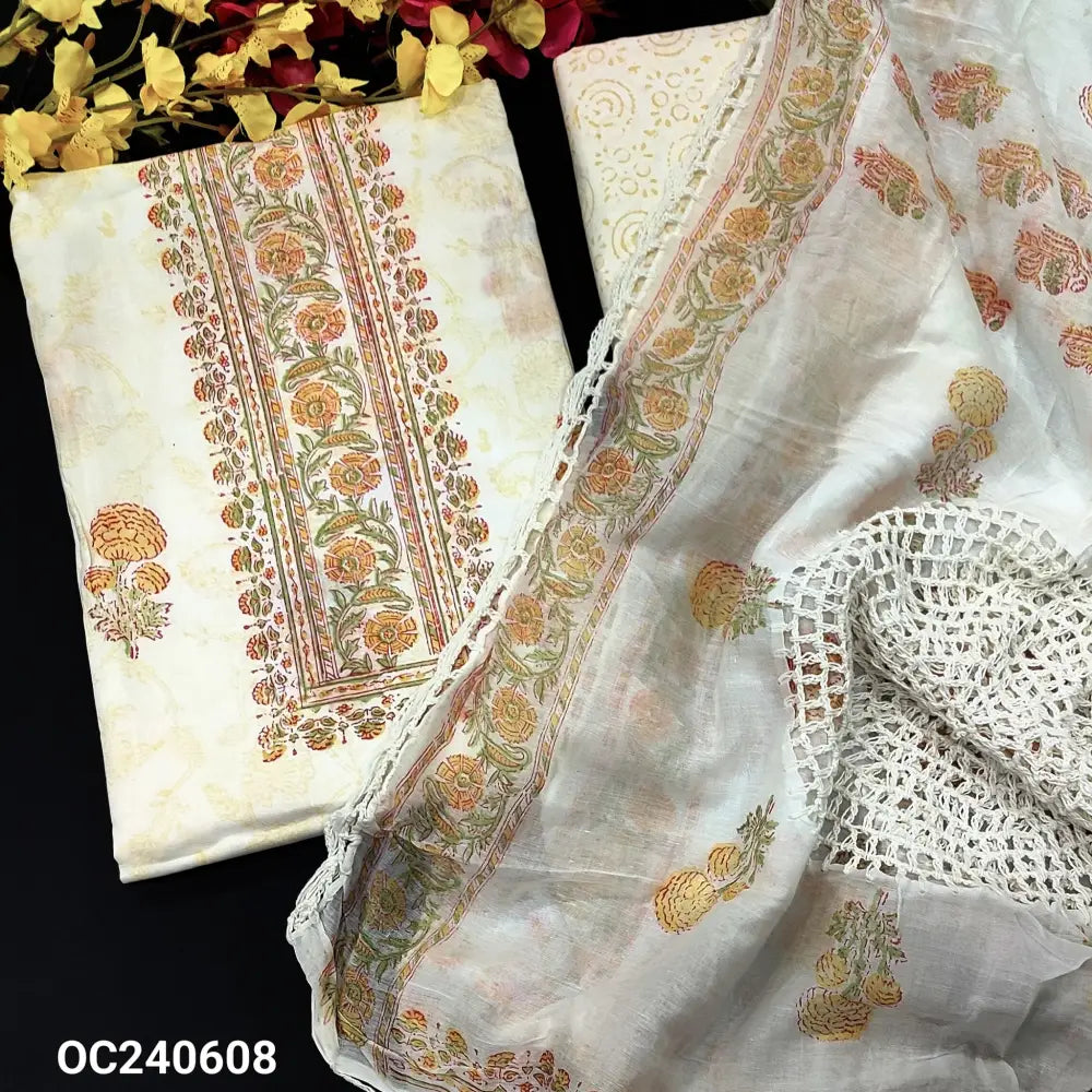 CODE OC240608: Half white base YELLOW block printed pure soft cotton unstitched salwar material(lining needed)block