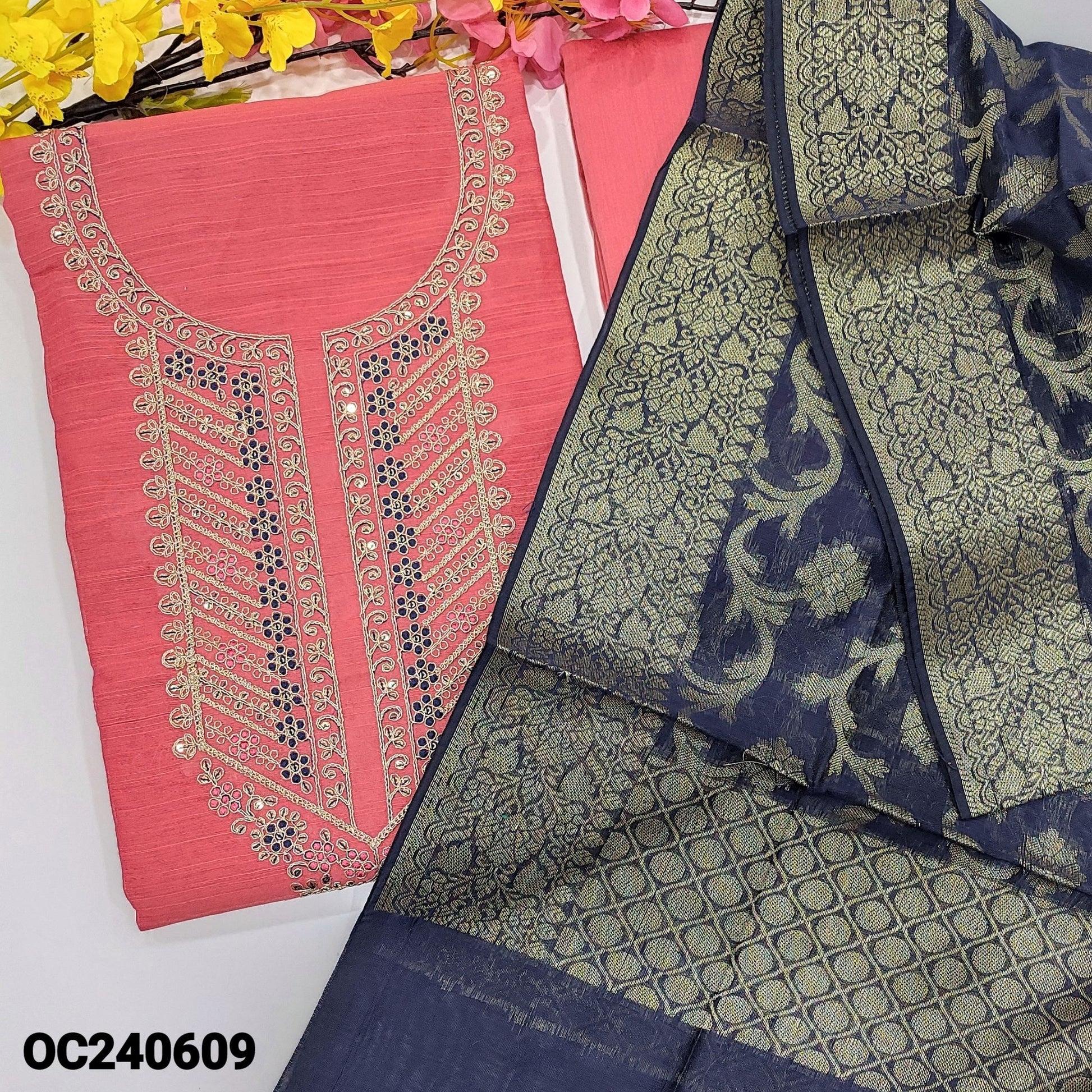 CODE OC240609: Bright pink slub silk cotton unstitched salwar material rich zari& sequins work on yoke(thin fabric