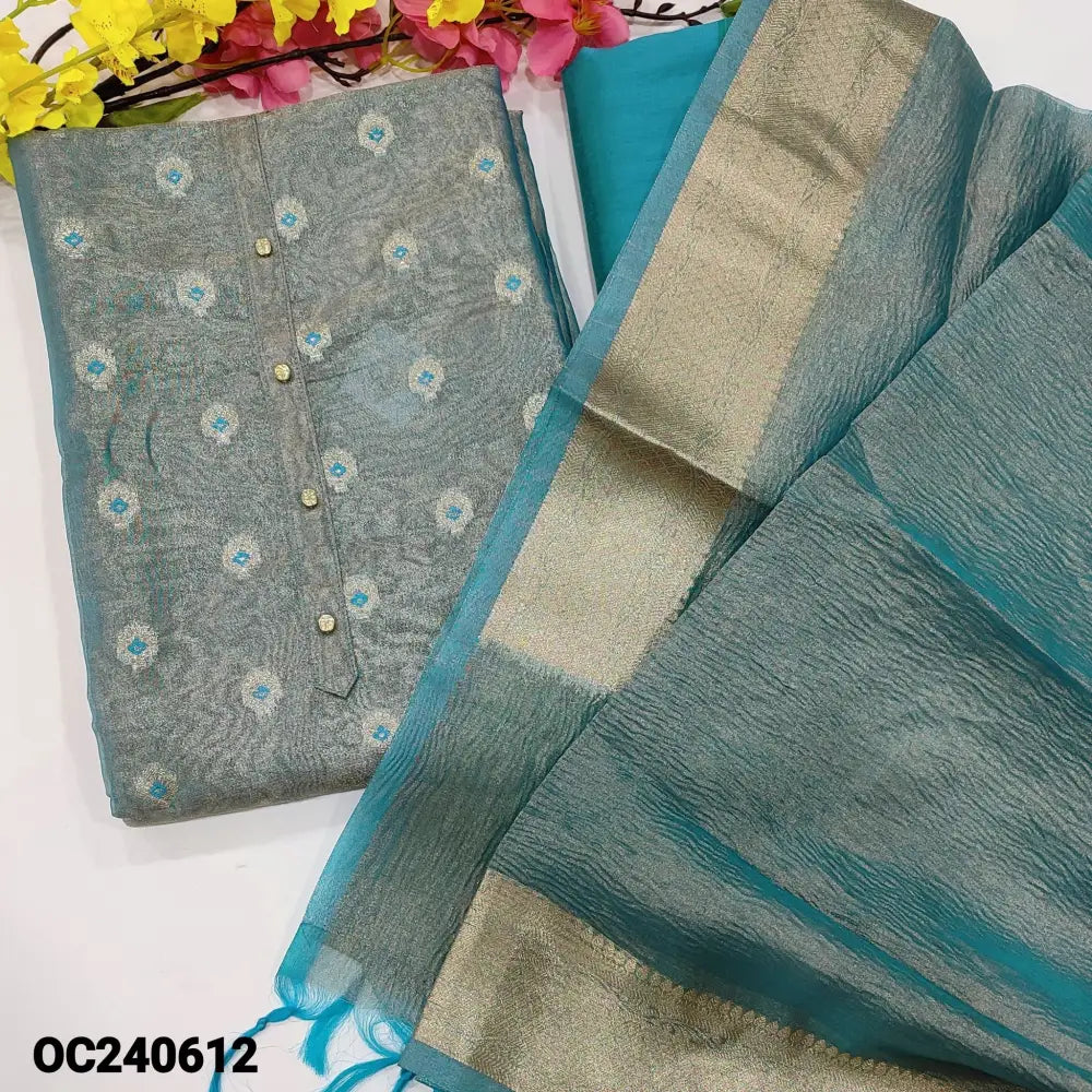 CODE OC240612: Light turquoise blue with golden tint tissue silk cotton unstitched salwar material fancy buttons
