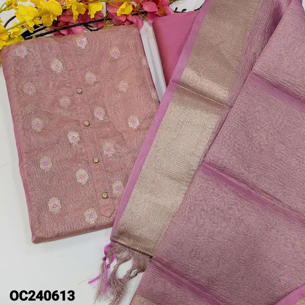CODE OC240613: Light pink with golden tint tissue silk cotton unstitched salwar material fancy buttons on yoke zari&