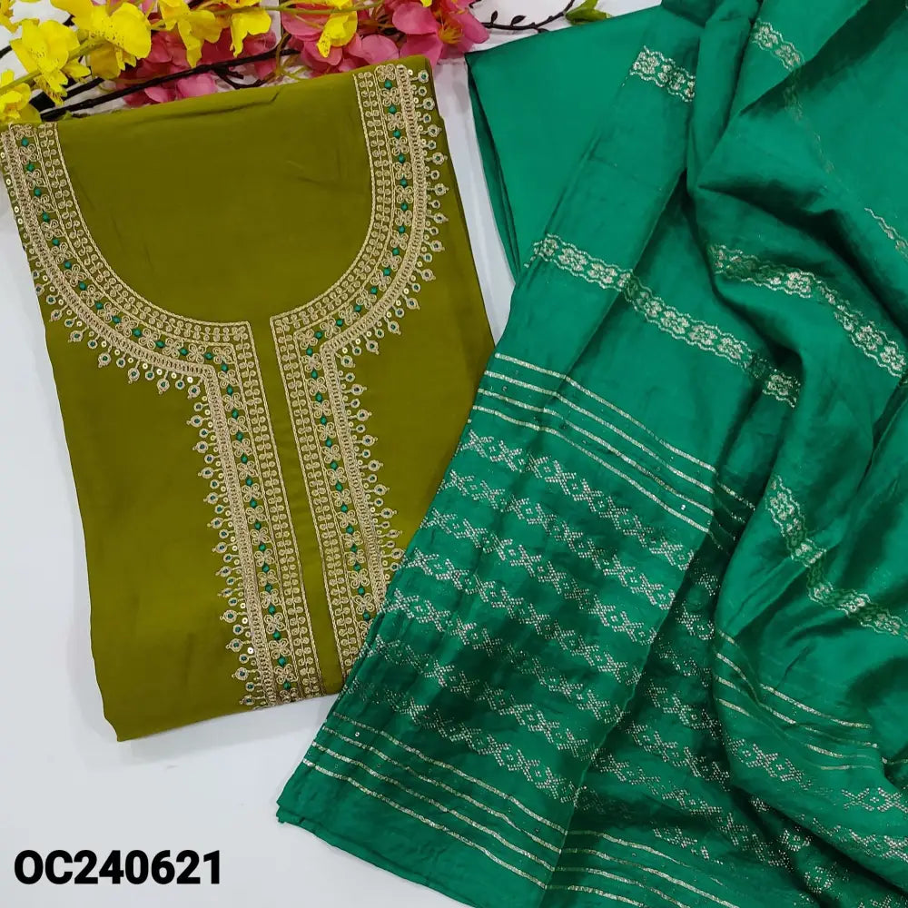 CODE OC240621: Mossy green silk cotton unstitched salwar material rich zari& sequins work on yoke(lining