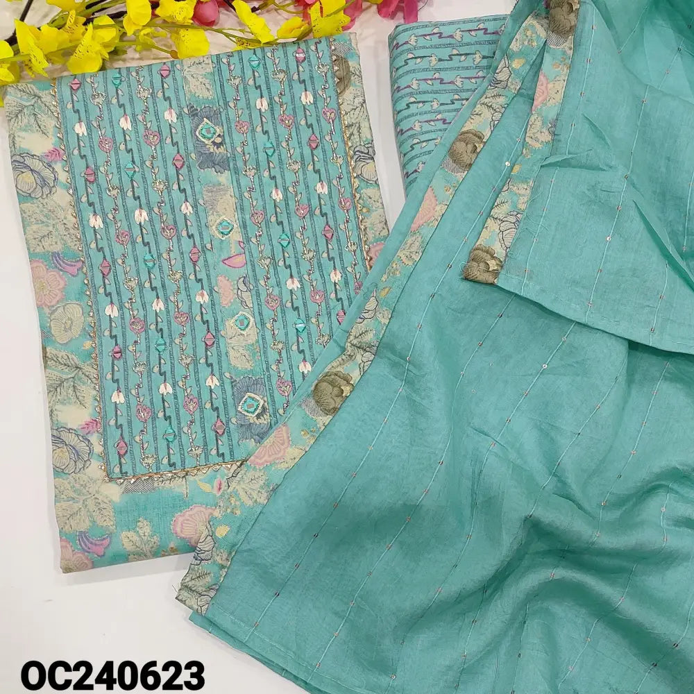 CODE OC240623: Pastel blue floral printed liquid fabric unstitched salwar material zari& real mirror work