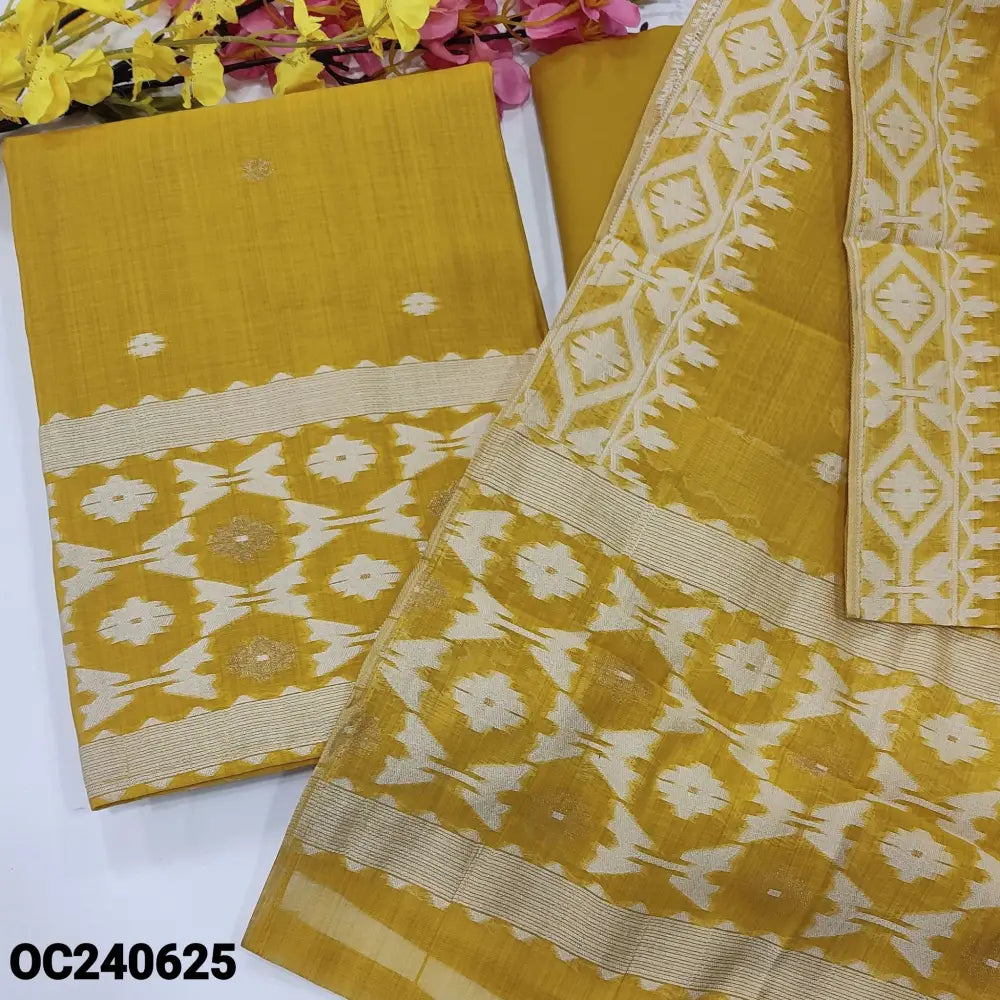 CODE OC240625: Bright mehandhi yellow jamdani woven premium soft silk cotton unstitched salwar material(thin fabric