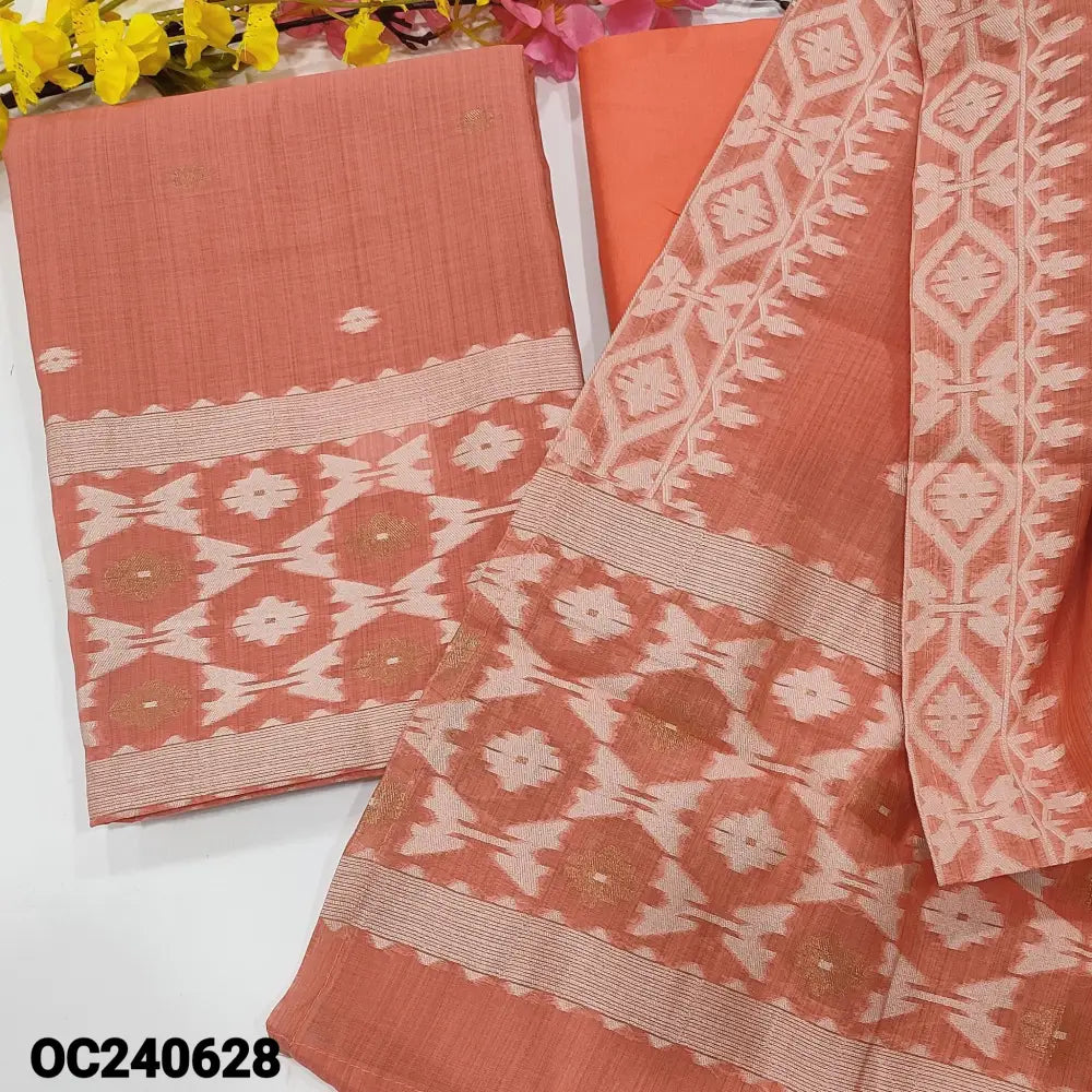 CODE OC240628: Pink jamdani woven premium soft silk cotton unstitched salwar material(thin fabric lining