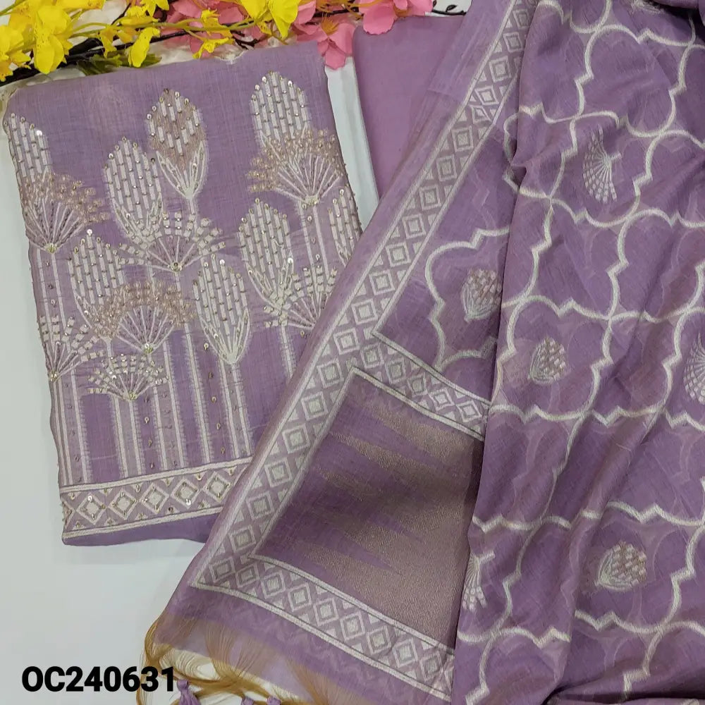 CODE OC240631: Light purple jamdani woven premium silk cotton unstitched salwar material rich zari &bead work