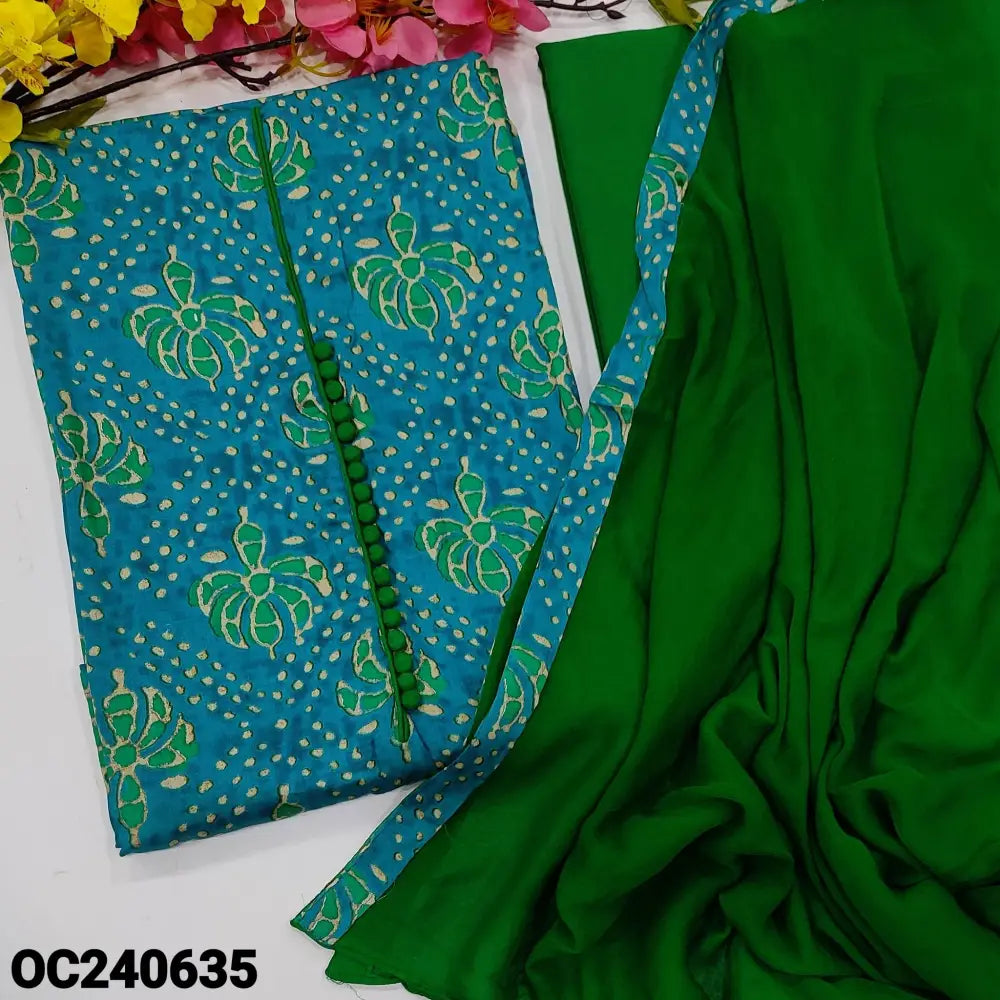 CODE OC240635: Turquoise blue printed satin cotton unstitched salwar material potli buttons on yoke(lining