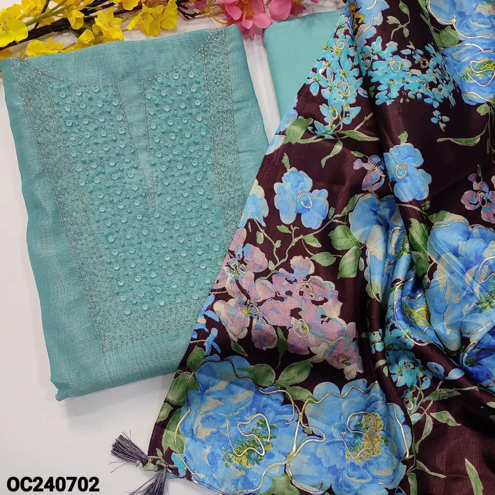 CODE OC240702: Pastel blue with silver tint tissue silk cotton unstitched salwar material bead& faux mirror work