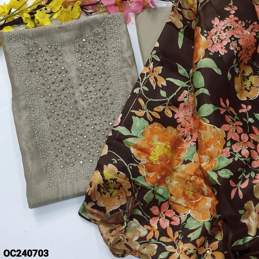 CODE OC240703: Greyish beige with silver tint tissue silk cotton unstitched salwar material bead& faux mirror work