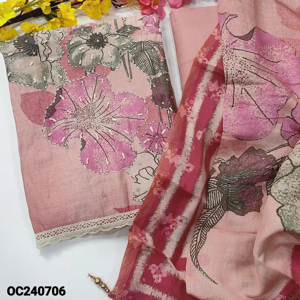 CODE OC240706: Light &dark pink designer floral printed premium silk cotton unstitched salwar material rich hand work