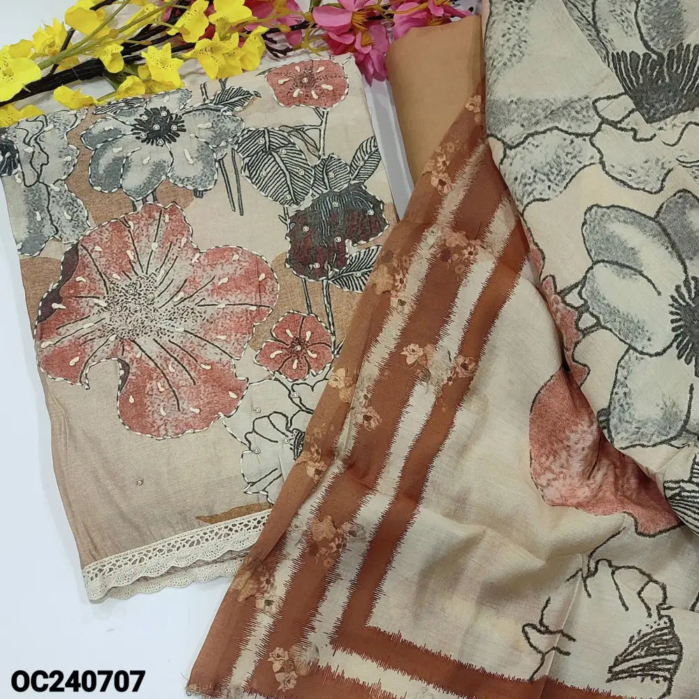 CODE OC240707: Light &dark beige designer floral printed premium silk cotton unstitched salwar material rich hand work