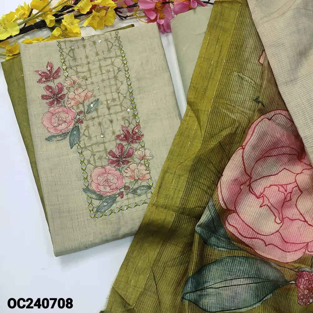 CODE OC240708: Light& dark green digital printed silk cotton unstitched salwar material thread real& sequins work