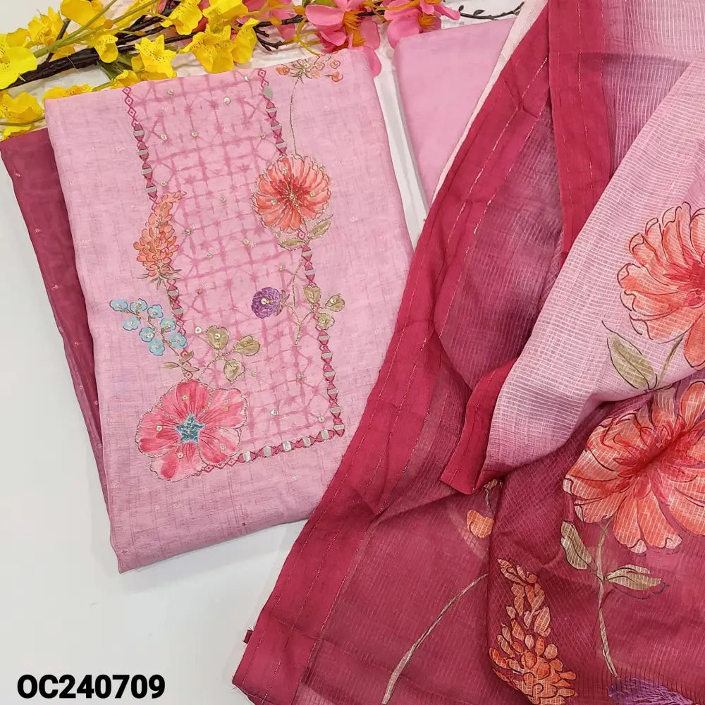 CODE OC240709: Light& dark pink digital printed silk cotton unstitched salwar material thread real& sequins work