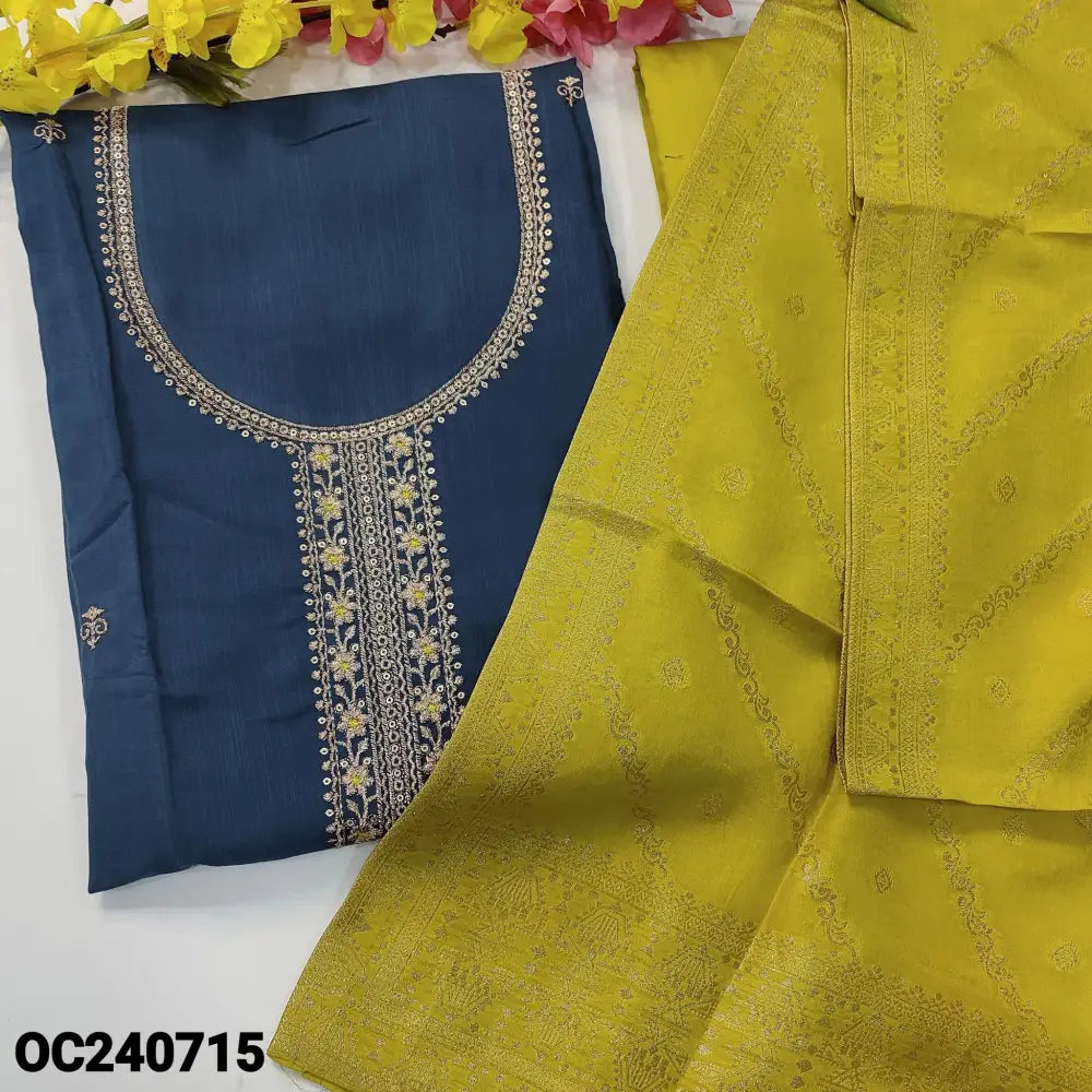 CODE OC240715: Dark blue designer premium slub silk unstitched salwar material zari& sequins work on yoke& front(lining