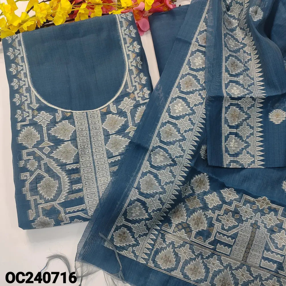 CODE OC240716: Bluish grey designer jamdani woven silk cotton unstitched salwar material(thin fabric lining needed)rich