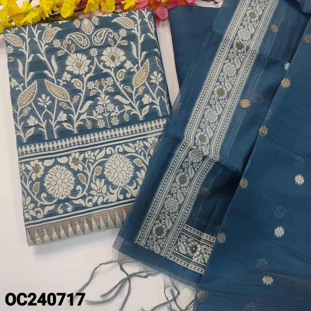 CODE OC240717: Bluish grey designer jamdani woven silk cotton unstitched salwar material(thin fabric lining needed)rich