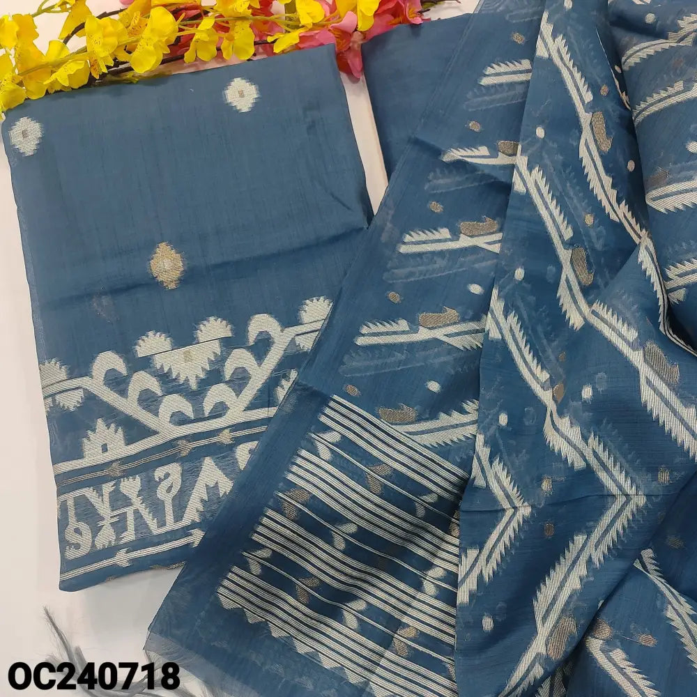 CODE OC240718: Bluish grey designer jamdani woven silk cotton unstitched salwar material(thin fabric lining needed)rich