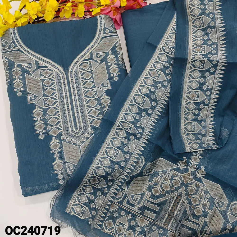 CODE OC240719: Bluish grey designer jamdani woven silk cotton unstitched salwar material(thin fabric lining needed)rich