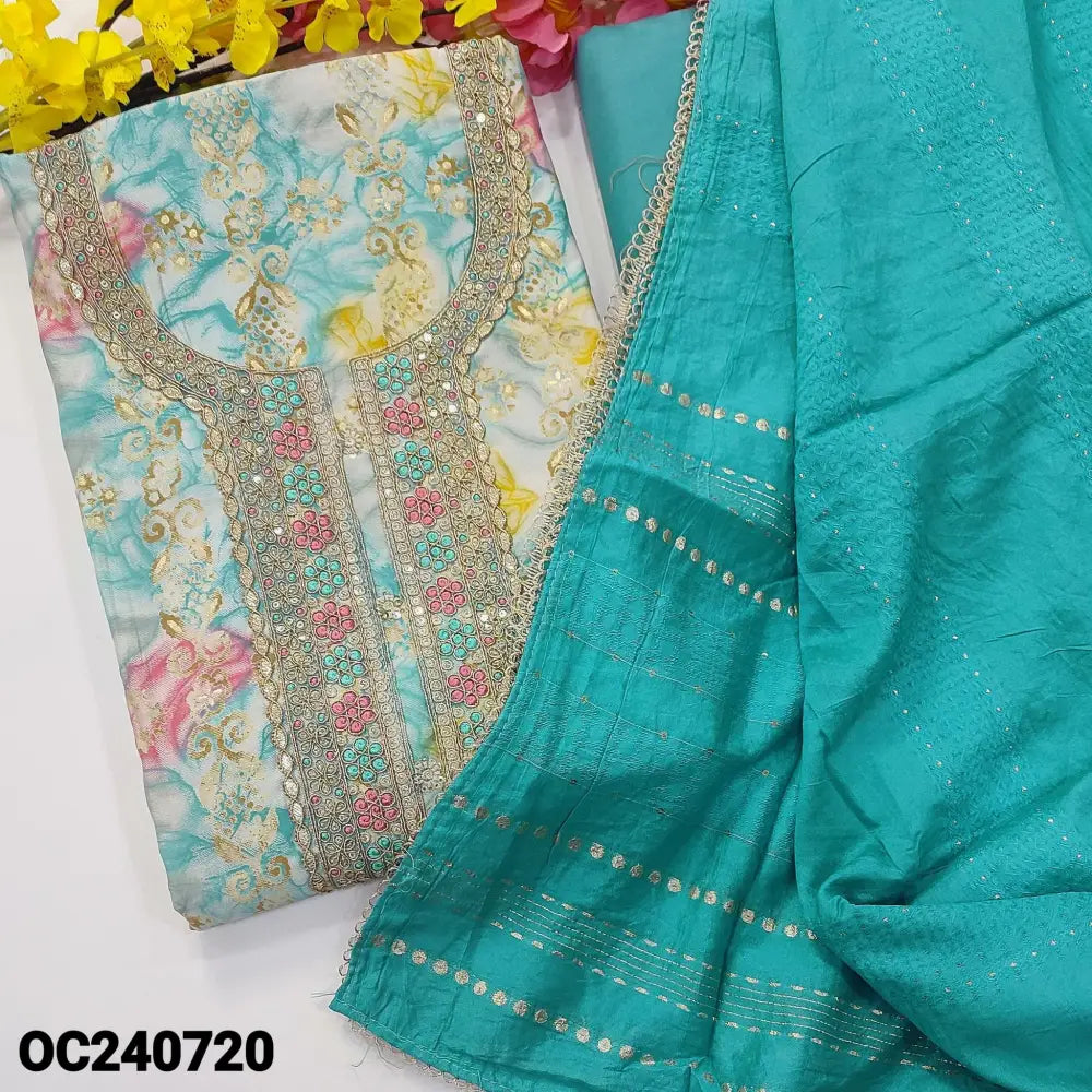 CODE OC240720: Multi color digital printed silk cotton unstitched salwar material zari thread sequins work