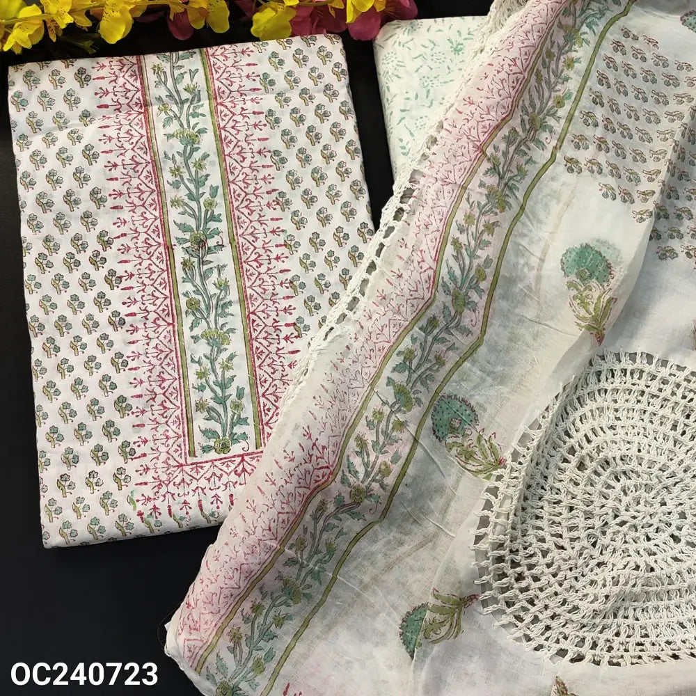 CODE OC240723: White base BLUE block printed pure soft cotton unstitched salwar material(lining needed)block printed