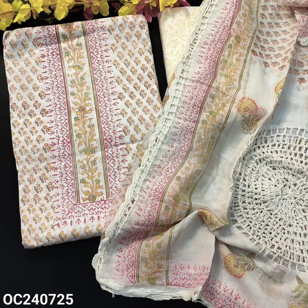 CODE OC240725: White base YELLOW block printed pure soft cotton unstitched salwar material(lining needed)block printed
