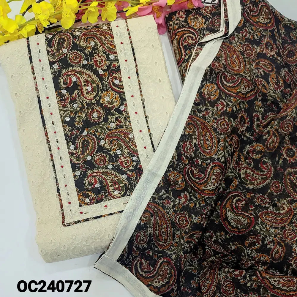 CODE OC240727: Light beige schiffli embroidered cotton unstitched salwar material kalamkari printed yoke with faux