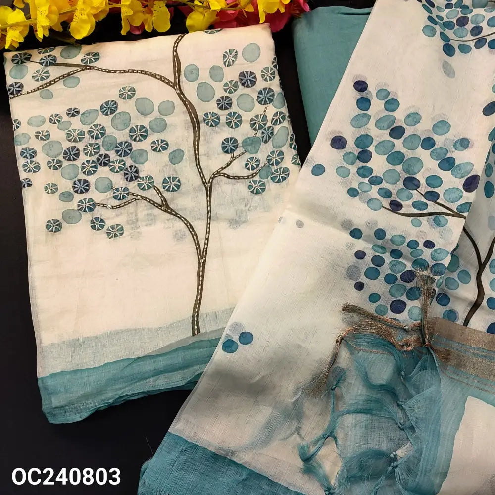 CODE OC240803: Half white base printed premium organza silk unstitched salwar material hand work on front(thin fabric