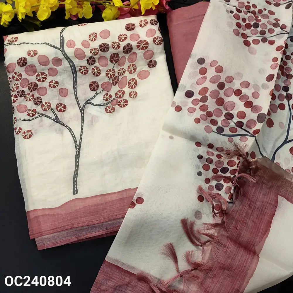 CODE OC240804: Half white base printed premium organza silk unstitched salwar material hand work on front(thin fabric