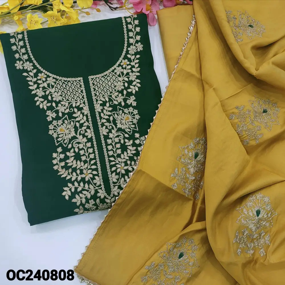 CODE OC240808: Bottle green soft silk cotton unstitched salwar material rich zari work on yoke(soft fabric lining