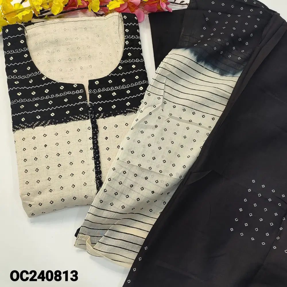 CODE OC240813: Beige base bandhini printed jute flex cotton unstitched salwar material embroidered& potli buttons