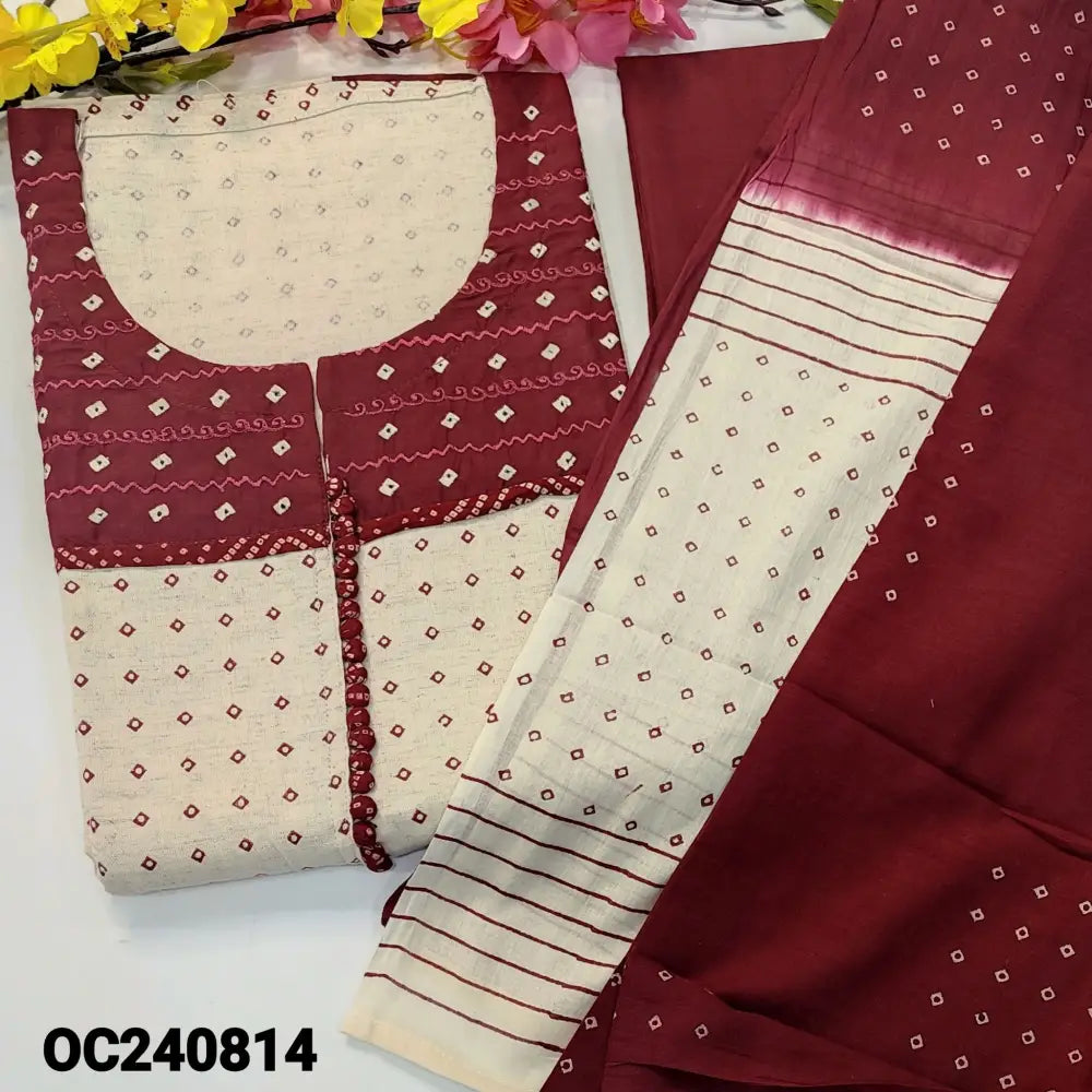 CODE OC240814: Beige base bandhini printed jute flex cotton unstitched salwar material embroidered& potli buttons