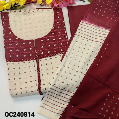 CODE OC240814: Beige base bandhini printed jute flex cotton unstitched salwar material embroidered& potli buttons