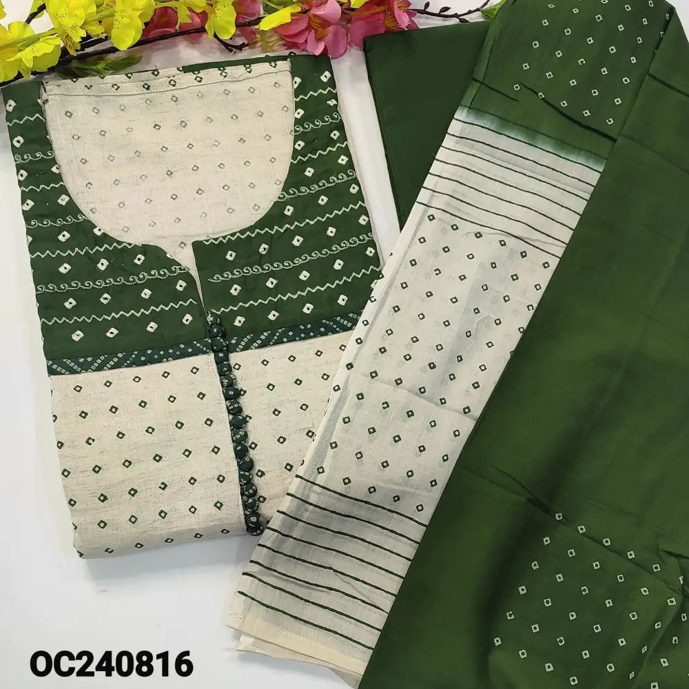 CODE OC240816: Beige base bandhini printed jute flex cotton unstitched salwar material embroidered& potli buttons