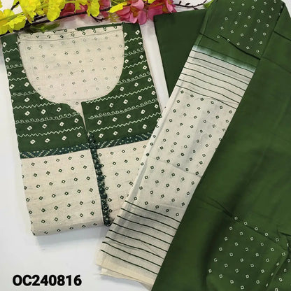 CODE OC240816: Beige base bandhini printed jute flex cotton unstitched salwar material embroidered& potli buttons