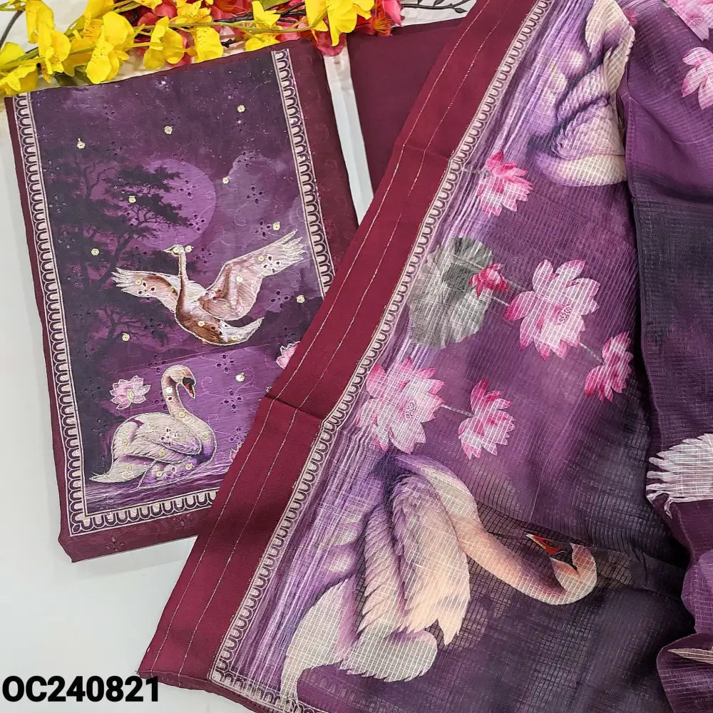 CODE OC240821: Deep wine purple schiffli embroidered digital printed silk cotton unstitched salwar material bird
