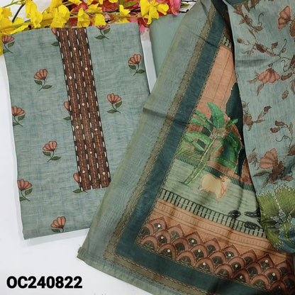 CODE OC240822: Light cement green digital printed silk cotton unstitched salwar material thread& sequins work