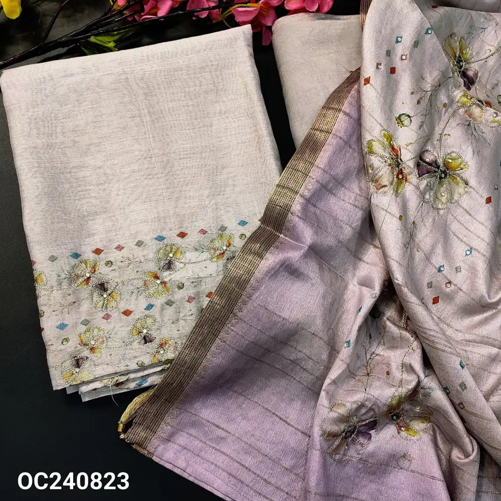 CODE OC240823: Greyish lavender designer digital printed silk cotton unstitched salwar material hand embroidered