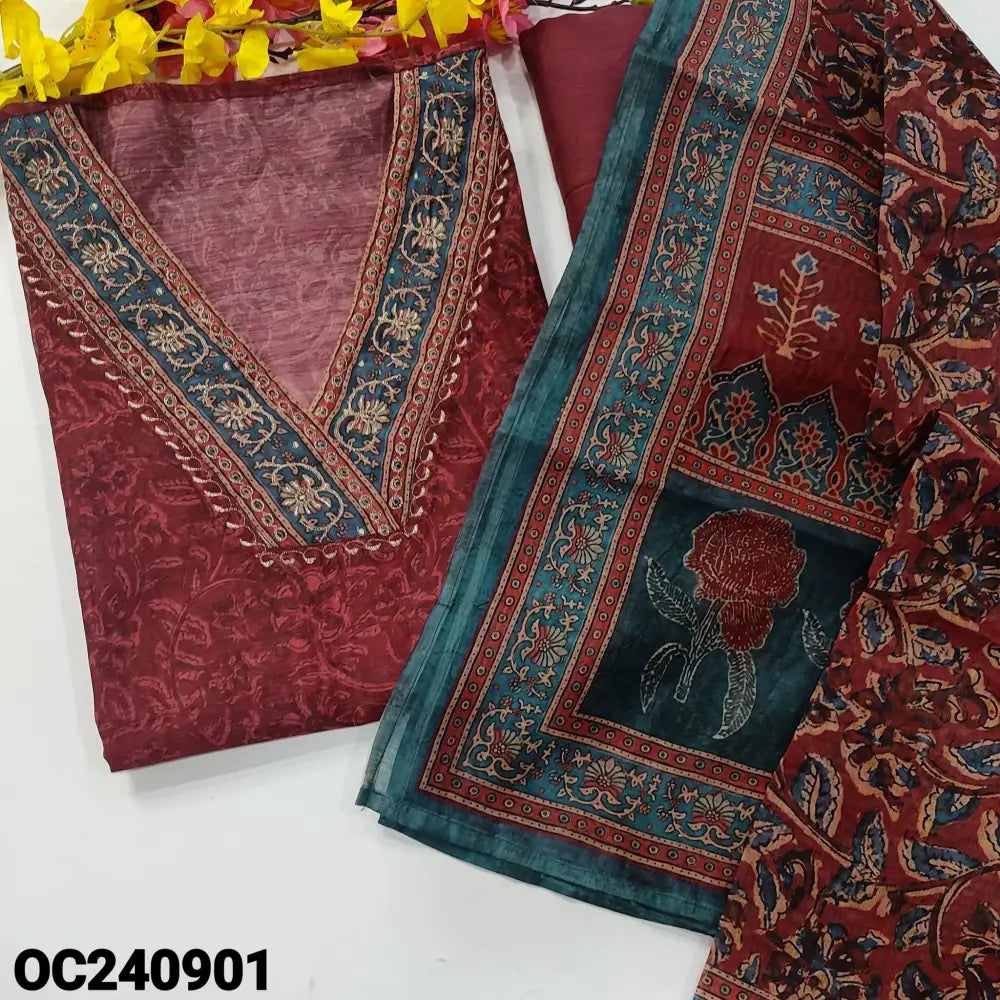 CODE OC240901: Dark maroon kalamkari digital printed silk cotton unstitched salwar material v neck with zari work(thin