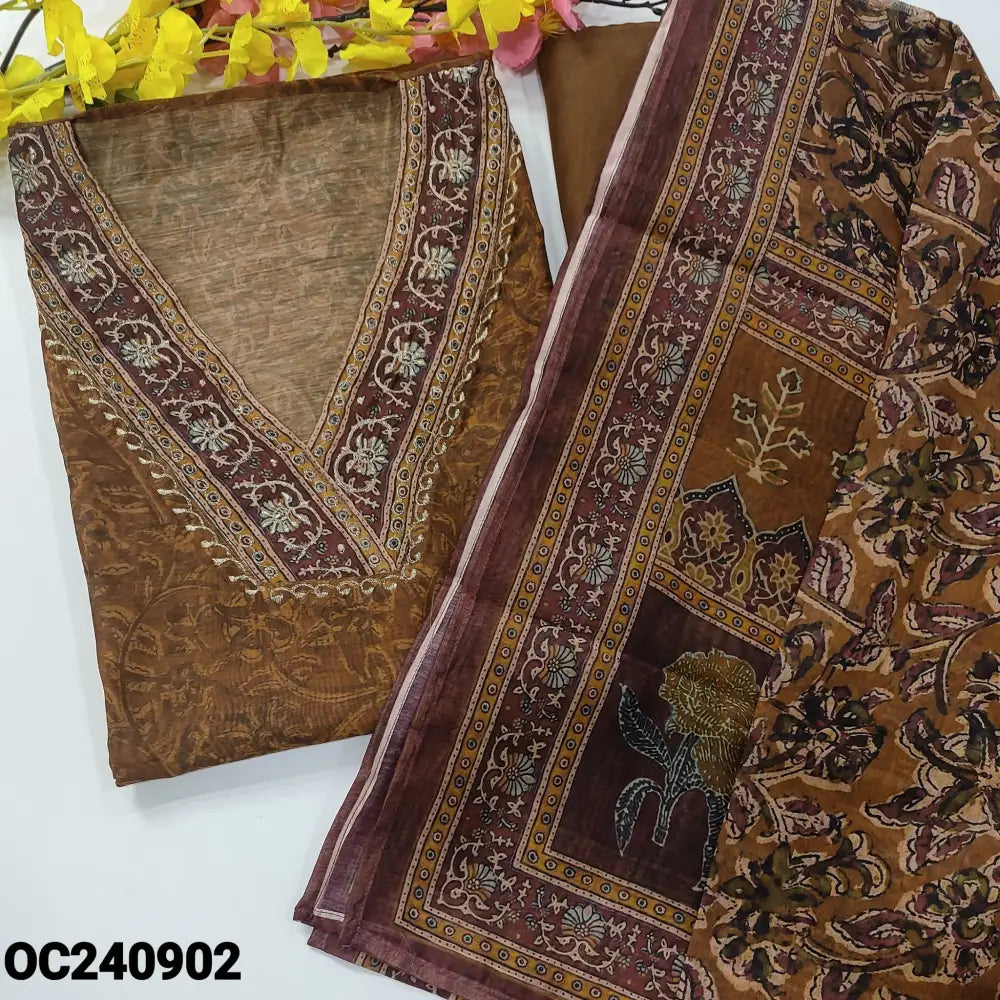 CODE OC240902: Honey brown kalamkari digital printed silk cotton unstitched salwar material v neck with zari work(thin