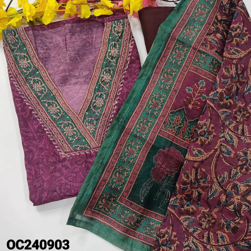 CODE OC240903: Purple kalamkari digital printed silk cotton unstitched salwar material v neck with zari work(thin