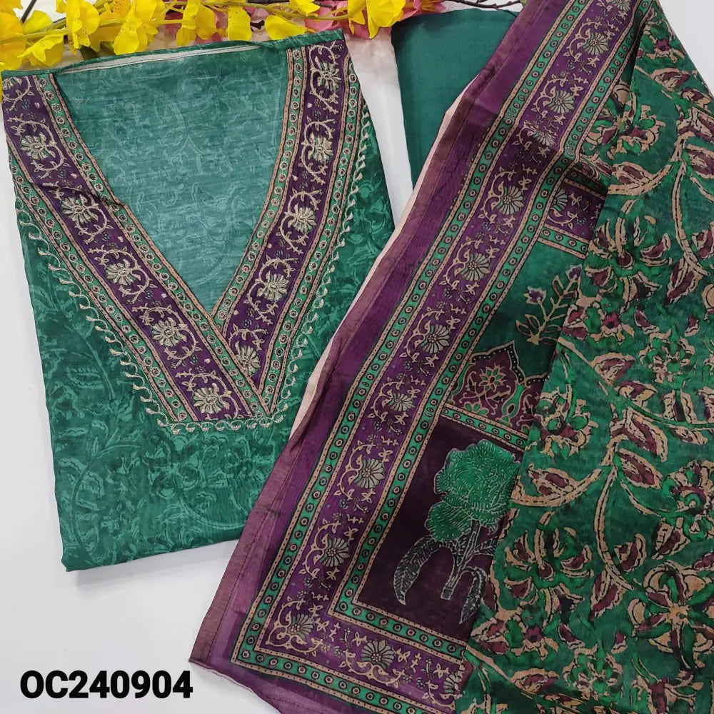 CODE OC240904: Teal green kalamkari digital printed silk cotton unstitched salwar material v neck with zari work(thin