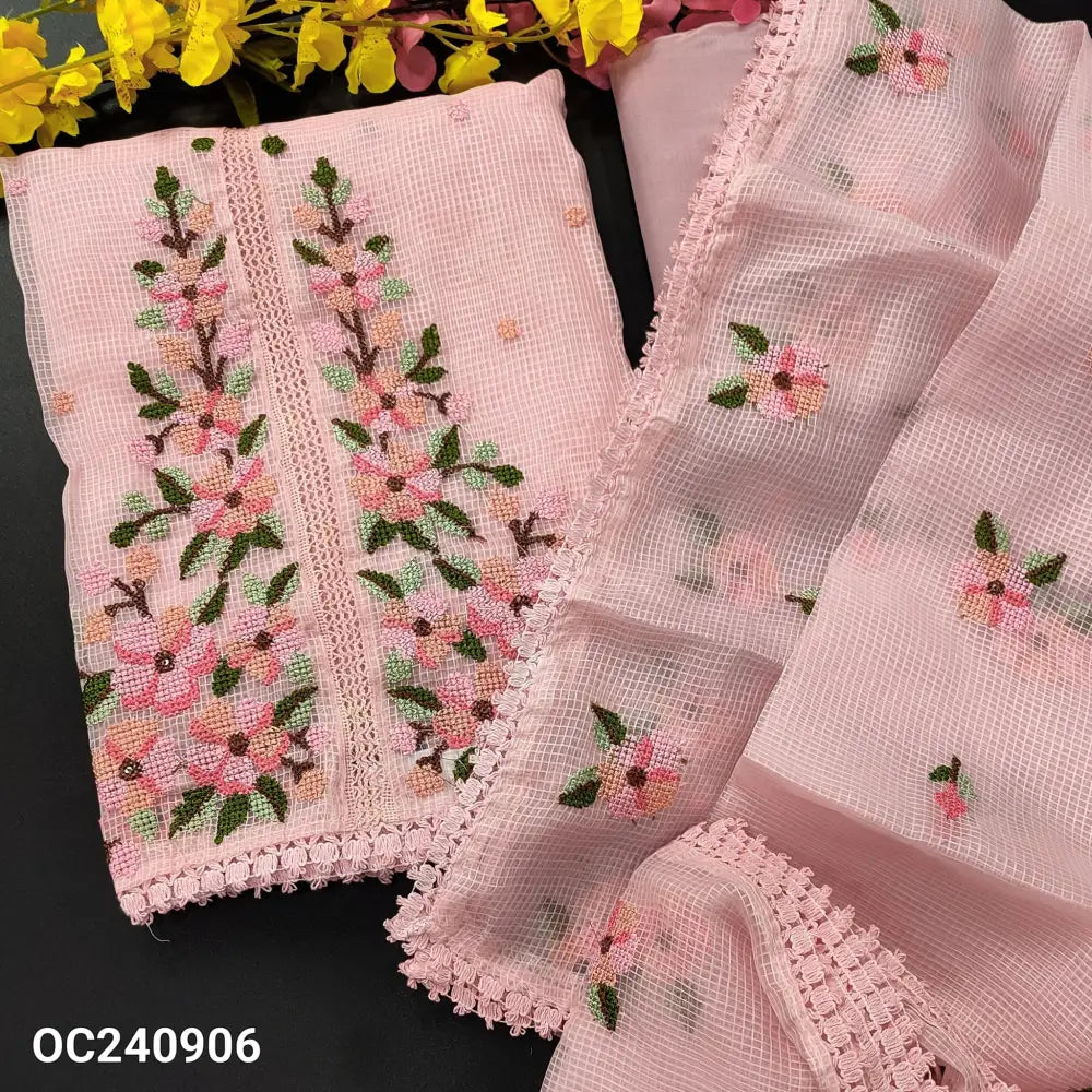 CODE OC240906: Pastel pink fancy super net unstitched salwar material cross stitch embroidered &crochet lace work