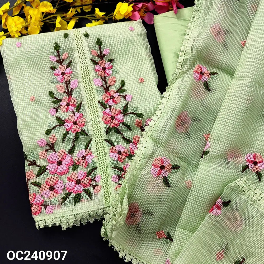 CODE OC240907: Light green fancy super net unstitched salwar material cross stitch embroidered &crochet lace work