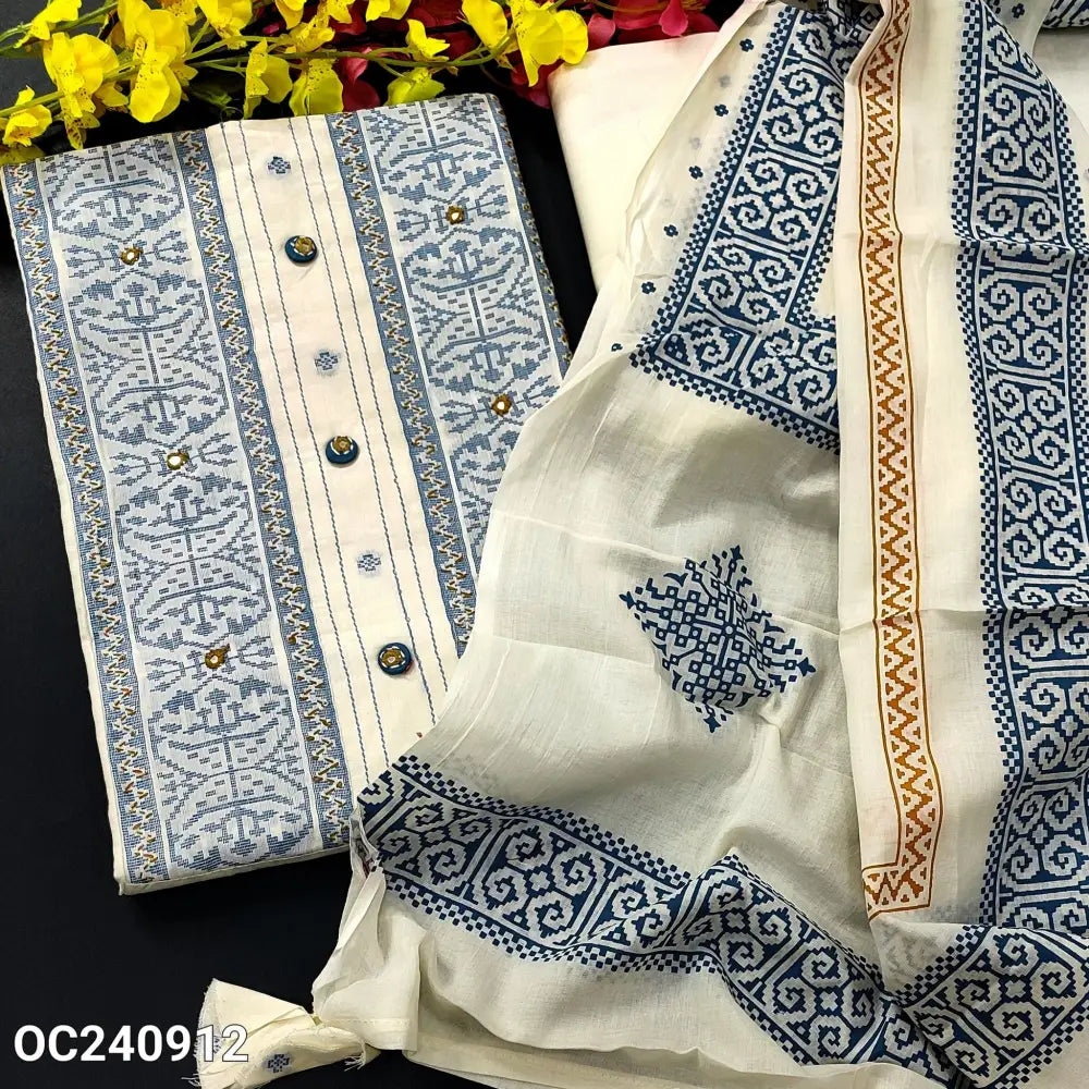 CODE OC240912: Half white base jamdani woven pure soft mul cotton unstitched salwar material fancy buttons