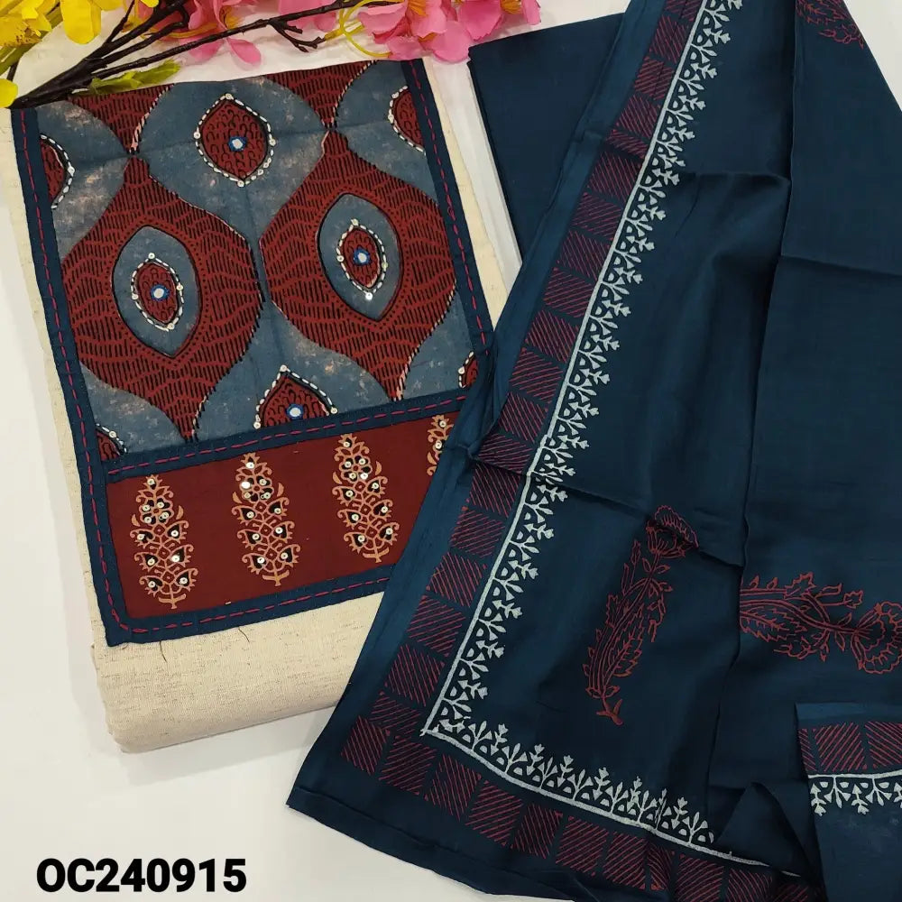 CODE OC240915: Light beige jute flex unstitched salwar material light blue ajrak block printed yoke(lining