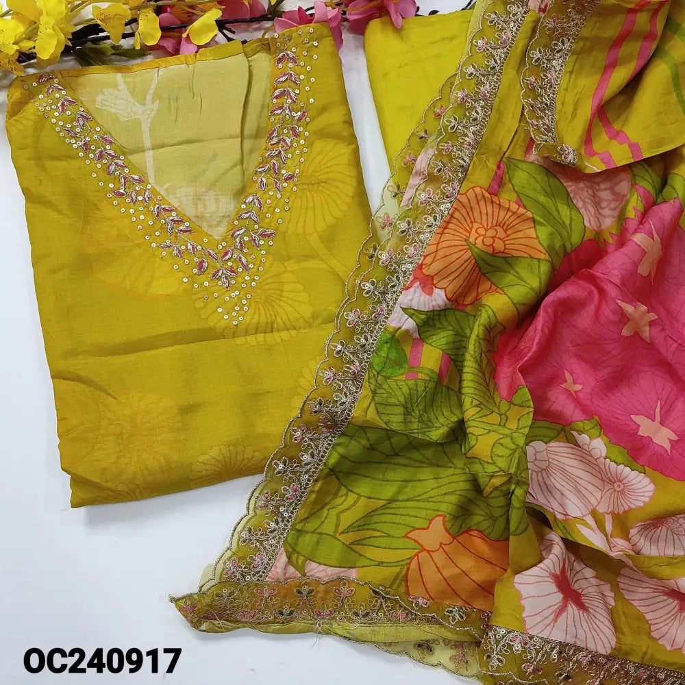 CODE OC240917: Bright mehandhi yellow digital printed pure dola silk unstitched salwar material v neck with zardosi&